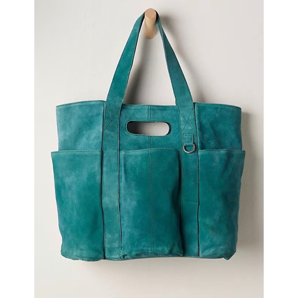 Anthropologie Suede Pocket Tote Bag Teal Blue Shoulder Bag Cutout Handle Boho